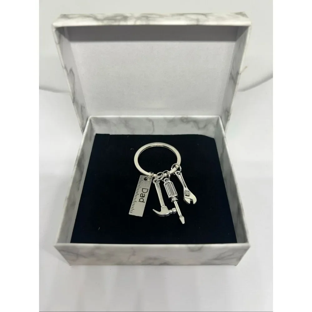 Dad Tool Charm Keychain Hammer Screwdriver Wrench Silver Tone Gift